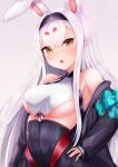  1girl absurdres animal_ears azur_lane bangs bare_shoulders black_hairband black_jacket blue_bow bow breasts brown_eyes commentary_request eyebrows_visible_through_hair gradient gradient_background grey_background hair_between_eyes hairband hand_on_hip highres jacket long_hair long_sleeves medium_breasts off_shoulder open_clothes open_jacket puffy_long_sleeves puffy_sleeves rabbit_ears ryara shimakaze_(azur_lane) sleeveless sleeves_past_wrists solo under_boob very_long_hair white_background white_hair 