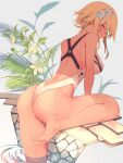  1girl absurdres ass back barefoot blonde_hair breasts flower from_behind genshin_impact grey_background hair_flower hair_ornament highres looking_at_viewer lumine_(genshin_impact) medium_breasts one-piece_swimsuit short_hair simple_background soles solo swimsuit toes wat_(worldlog) water wet white_swimsuit yellow_eyes 