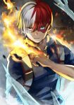  1boy ashes blue_eyes blue_jumpsuit boku_no_hero_academia burn_scar cryokinesis eyebrows_visible_through_hair fire grey_eyes hair_between_eyes hand_up harness heterochromia highres ice jumpsuit long_bangs looking_at_viewer male_focus multicolored_hair parted_lips pyrokinesis redhead scar scar_on_face serious sleeves_rolled_up smoke solo split-color_hair steam straight_hair todoroki_shouto tonbanlove twitter_username two-tone_hair upper_body v-shaped_eyebrows white_hair 