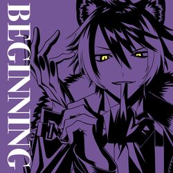  1boy adjusting_clothes adjusting_gloves album_cover animal_ear_fluff animal_ears bangs black_hair coat cover english_text fingernails fur-trimmed_coat fur_trim glove_in_mouth glove_pull gloves gloves_removed grin hair_between_eyes hand_up highres holostars jackal_boy jackal_ears jitome kageyama_shien long_sleeves looking_at_viewer looking_down male_focus monochrome mouth_hold multicolored_hair neguko official_art portrait purple_background sharp_fingernails single_glove slit_pupils smile solo song_name spot_color squinting straight-on swept_bangs two-tone_hair v-shaped_eyebrows virtual_youtuber yellow_eyes 