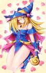  1girl absurdres bare_shoulders blonde_hair blue_dress blue_eyes blue_footwear blue_headwear blush_stickers boots dark_magician_girl dress duel_monster hat heart heart_background highres long_hair one_eye_closed solo sotomichi wand wizard_hat yu-gi-oh! 