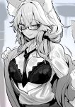  1girl animal_ear_fluff animal_ears bangs blush breasts fate/extra fate_(series) fox_ears fox_girl fox_tail greyscale hair_between_eyes highres large_breasts long_hair looking_at_viewer monochrome sidelocks smile solo tail tamamo_(fate) tamamo_no_mae_(fate/extra) wisespeak 