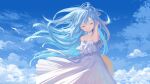  1girl bangs bare_shoulders bird blue_hair blue_sky closed_eyes clouds cloudy_sky collarbone copyright_request dress floating_hair flower flower_necklace hand_in_own_hair highres jewelry long_hair necklace off-shoulder_dress off_shoulder ritsuki seagull sky solo virtual_youtuber white_dress wind 