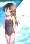 1girl arms_behind_back blue_bow bow breasts brown_eyes closed_mouth covered_navel cowboy_shot hair_bow head_tilt idolmaster idolmaster_cinderella_girls kawaseki looking_at_viewer one-piece_swimsuit ponytail small_breasts solo standing swimsuit tachibana_arisu tareme thigh_gap 