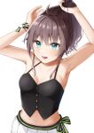  1girl ahoge aqua_eyes bangs black_ribbon blue_eyes bracelet breasts brown_hair crop_top highres hololive jewelry kidofudolove110 looking_at_viewer medium_hair midriff natsuiro_matsuri navel open_mouth ribbon skirt smile spaghetti_strap stomach tying_hair virtual_youtuber 