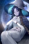  1girl blue_eyes blue_hair blue_skin breasts cloak closed_mouth colored_skin cracked_skin dress elden_ring extra_arms extra_faces fur_cloak hat jewelry joints kananote long_hair looking_at_viewer moon night one_eye_closed own_hands_together ranni_the_witch sitting sky solo star_(sky) starry_sky white_dress witch witch_hat 