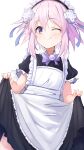  1girl ;) absurdres alternate_costume apron bimmy black_dress blush bow bowtie collared_dress d-pad d-pad_hair_ornament dress enmaided frilled_apron frilled_sleeves frills hair_ornament hands_up happy highres looking_at_viewer maid maid_headdress medium_hair neptune_(neptune_series) neptune_(series) one_eye_closed pink_hair purple_bow purple_bowtie purple_hair short_sleeves skirt_hold smile solo violet_eyes white_apron 