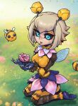  1girl animal bangs bee blonde_hair blue_footwear breasts bug flower grass hands_up joints large_breasts league_of_legends official_alternate_costume orbeeanna orianna_(league_of_legends) outdoors phantom_ix_row pink_flower robot_joints seiza shiny shiny_hair shoes short_hair sitting smile tongue tongue_out wings 