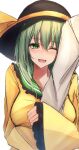  .me 1boy 1girl ;d arm_hug black_headwear blush green_eyes green_hair hat highres komeiji_koishi long_hair long_sleeves looking_at_viewer one_eye_closed open_mouth shirt sleeves_past_wrists smile solo_focus touhou upper_body white_background wide_sleeves yellow_shirt 