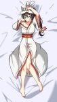  1girl animal_ears aozorayukkuri barefoot black_hair blue_eyes blush breasts butterfly_hair_ornament cat_ears dakimakura_(medium) hair_ornament hand_over_face highres japanese_clothes kimono looking_at_viewer mitama_(nyanko_daisensou) nyanko_daisensou ponytail smile 