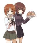  2girls bangs black_neckerchief black_skirt blouse boko_(girls_und_panzer) brown_eyes brown_hair cake closed_mouth commentary dress_shirt eyebrows_visible_through_hair food fork girls_und_panzer green_skirt grey_shirt hand_on_another&#039;s_shoulder highres holding holding_fork kuromorimine_school_uniform long_sleeves looking_at_viewer miniskirt multiple_girls neckerchief nishizumi_maho nishizumi_miho ooarai_school_uniform pleated_skirt ri_(qrcode) sailor_collar school_uniform shirt short_hair siblings side-by-side simple_background sisters skirt smile standing white_background white_blouse white_sailor_collar wing_collar 