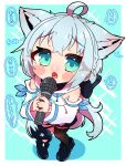  1girl ahoge animal_ears bangs black_bow blue_background blush border bow braid child detached_sleeves ear_blush eyebrows_visible_through_hair fox_ears fox_girl fox_tail green_eyes hair_between_eyes hair_bow highres holding holding_microphone hololive hood hoodie long_hair looking_at_viewer looking_up microphone open_mouth pentagram sakuramochi_(sakura_frappe) shirakami_fubuki sidelocks single_braid single_thighhigh solo tail tail_around_leg thigh-highs thigh_strap translated virtual_youtuber white_hair white_hoodie 