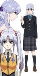  1girl bangs black_jacket black_skirt blue_bow blue_hair bow collared_shirt eyebrows_visible_through_hair grey_hair highres hoshino_ruri jacket kamo_kamen kidou_senkan_nadesico looking_to_the_side low_twintails multiple_views orange_vest parted_bangs plaid plaid_skirt shirt skirt twintails v vest white_shirt yellow_eyes 