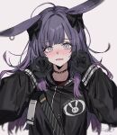  1girl ahoge animal_ears aogisa arknights bangs black_bow black_choker black_gloves black_jacket blush bow choker commission ear_piercing ears_down eyebrows_visible_through_hair gloves grey_eyes hair_bow hands_up highres jacket long_hair long_sleeves looking_at_viewer nose_blush open_mouth piercing purple_hair rabbit_ears rope_(arknights) simple_background skeb_commission solo upper_body white_background 