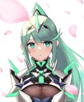  1girl absurdres bangs breasts chest_jewel earrings gem greek_text green_eyes green_hair headpiece highres jewelry large_breasts long_hair pneuma_(xenoblade) ponytail reason3_s solo swept_bangs tiara very_long_hair xenoblade_chronicles_(series) xenoblade_chronicles_2 