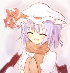  1girl :d bat_wings blue_hair closed_eyes fang gaius_(nikoniko2) gloves hat mittens open_mouth remilia_scarlet scarf short_hair smile solo touhou wings 