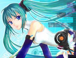  ahoge aqua_hair blue_eyes elbow_gloves hatsune_miku light_smile miku_append necktie thigh_highs twintails vocaloid vocaloid_append 