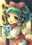  bow flower green_hair hair_bow hair_ornament happy holding holding_flower jumper kazami_yuuka petals plaid_dress red_rose rose sanntouhei short_hair smile solo sunflower touhou unmoving_pattern yellow_eyes young 