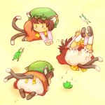  all_fours animal_ears bloomers brown_hair cat_ears cat_tail chasing chen chibi dress earrings fallen_down frog hat jewelry moimoi multiple_tails musical_note on_back ribbon shoes short_hair simple_background socks tail touhou young 