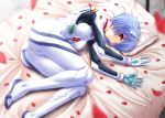  :o ayanami_rei bed blue_hair blurry depth_of_field fetal_position lying miyai_max neon_genesis_evangelion on_side petals plugsuit red_eyes solo 