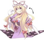  1girl blonde_hair bow elbow_gloves gap gloves hair_bow hat kokoro_na long_hair purple_eyes solo touhou yakumo_yukari 