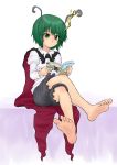  antenna barefoot book cape crossed_legs feet green_eyes green_hair highres kuro_suto_sukii reading short_hair sitting touhou wriggle_nightbug 