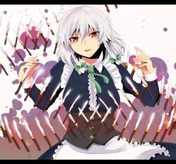  danmaku highres izayoi_sakuya knife letterboxed maid maid_headdress nuko_(mikupantu) red_eyes short_hair silver_hair touhou twin_braids 