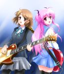  ankle_lace-up brown_eyes brown_hair cross-laced_footwear crossover fang guitar hirasawa_yui instrument k-on! long_hair looking_back namesake pantyhose pink_hair red_eyes ryokucha_itteki school_uniform serafuku short_hair thigh-highs thighhighs twintails yui_(angel_beats!) 