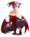  bare_shoulders bat_wings bridal_gauntlets capcom demon_girl domu elbow_gloves flat_chest gloves head_wings leotard lilith_aensland looking_away navel pantyhose purple_hair red_eyes short_hair solo squatting succubus vampire_(game) wings 
