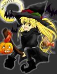  bad_id bat black_eyes blonde_hair broom hair_ribbon halloween hat pumpkin ribbon witch witch&#039;s_hat yellow_(pokemon) 