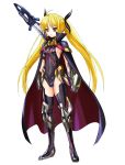  alternate_weapon armor bardiche blonde_hair cape fate_testarossa flat_chest long_hair mahou_shoujo_lyrical_nanoha mahou_shoujo_lyrical_nanoha_a&#039;s mahou_shoujo_lyrical_nanoha_a's makacoon navel red_eyes ribs simple_background thigh-highs thighhighs twintails weapon 