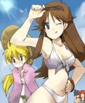  bikini blood blue_(pokemon) blue_eyes brown_hair green_eyes hat long_hair nosebleed pokemon pokemon_special red_(pokemon) silver_(pokemon) sunglasses swimsuit yellow_(pokemon) 