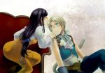   b-t-n belt black_hair catsuit couch couple closed_eyes female final_fantasy final_fantasy_ix garnet_til_alexandros_xvii green_eyes kiss long_hair male sitting tail zidane_tribal  