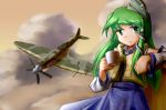  detached_sleeves fat_(artist) garrison_cap green_eyes green_hair hair_ornament hat kochiya_sanae long_hair supermarine_spitfire touhou world_war_ii wwii 