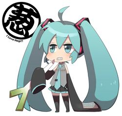  aqua_eyes aqua_hair bad_id chibi detached_sleeves eating hatsune_miku headphones headset kuraka kurara long_hair necktie simple_background skirt sleeves_past_wrists solo spring_onion thighhighs twintails vocaloid 