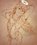  androgynous arms_behind_head haibane_renmei halo monochrome orange_(color) r_kampfgruppe rakka static_cling wings 