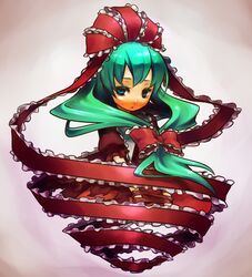  bow front_ponytail green_hair hair_bow hitec hitech_(artist) kagiyama_hina long_hair ribbon touhou 