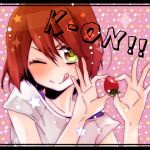  bad_id brown_hair casual food fruit hirasawa_yui holding holding_fruit ichi_kotoko k-on! listen!! short_hair solo strawberry title_drop tongue wink yellow_eyes 