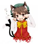  bad_id blush bow brown_eyes brown_hair cat_ears cat_tail chen fangs hat momo_michi multiple_tails nyan open_mouth paw_pose smile star tail touhou 