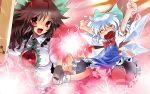  arm_cannon blue_hair blush bow brown_hair cirno eyes hair_bow katahira_masashi long_hair multiple_girls red_eyes reiuji_utsuho ribbon short_hair tears touhou weapon wings 