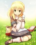  arm_warmers blonde_hair crumbs eijima_moko food grass green_eyes hamburger leg_warmers mizuhashi_parsee pointy_ears touhou 