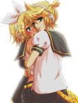  blonde_hair blush brother_and_sister hair_ornament hair_ribbon hairclip headphones hug kagamine_len kagamine_rin necktie ribbon sakanashi short_hair shorts siblings simple_background twins vocaloid 