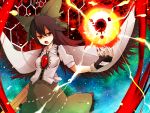  bow cape fingerless_gloves fingernails gloves hair_bow long_hair nails red_eyes reiuji_utsuho shirofox solo sun touhou wings 