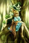  absurdres alice_margatroid alternate_costume back-to-back bad_id barefoot blonde_hair bow closed_eyes dress frilled_dress frills hairband hands_on_knees hat highres in_tree kirisame_marisa large_bow leg_hug multiple_girls roots sitting sitting_in_tree smile touhou tree windyakuma witch_hat 
