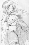  blush bow cirno closed_eyes daiyousei glomp graphite_(medium) hair_bow happy heart hug monochrome multiple_girls open_mouth short_hair side_ponytail sketch smile spoken_heart surprise surprised surprised_arms touhou traditional_media vent_arbre wings 