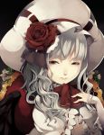  bad_id chair flower hat long_hair red_eyes remilia_scarlet riku_(wana) rose smile solo squinting touhou white_hair 