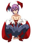  bare_shoulders bat_wings breasts bridal_gauntlets capcom cleavage demon_girl domu elbow_gloves flat_chest gloves head_wings lilith_aensland pantyhose purple_hair red_eyes short_hair smile solo squatting succubus vampire_(game) wings 