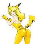  ass blonde_hair curly_hair fangs gloves looking_back personification pikachu pokemon simple_background solo tail white_background xinjing yellow_eyes 