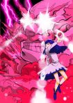  blue_eyes blue_hair chianti clenched_teeth cloud clouds danmaku fighting_stance glowing glowing_eyes hood kumoi_ichirin lightning pink short_hair sparkle touhou unzan 