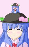  blush_stickers chibi_on_head food fruit happy hat heart heart_in_mouth highres hinanawi_tenshi minigirl peach touhou 